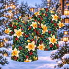 Digital mockup: front and back of one AlohaVero Christmas Golden Daffodil Teal Aloha No Pocket Hawaiian shirt