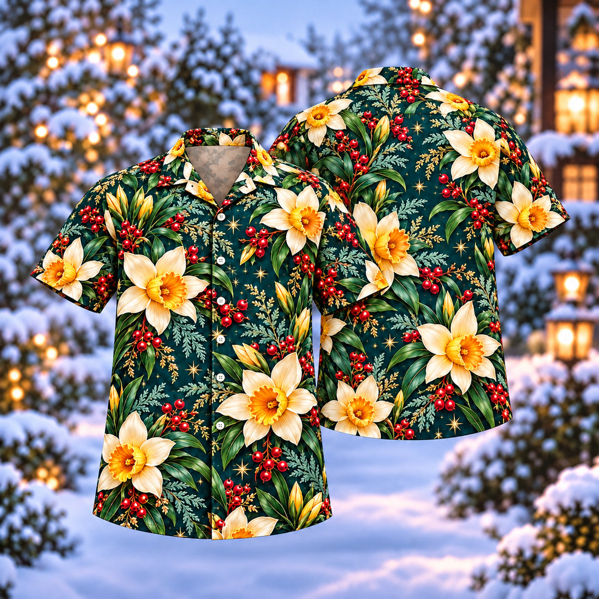 Digital mockup: front and back of one AlohaVero Christmas Golden Daffodil Teal Aloha No Pocket Hawaiian shirt