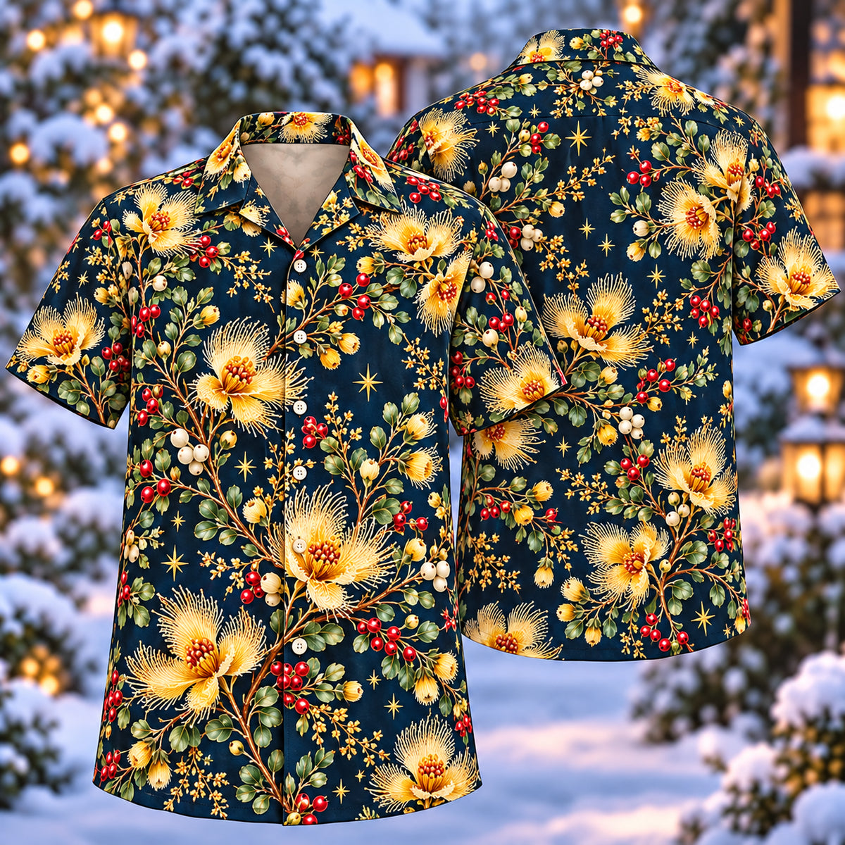 Digital mockup: front and back of one AlohaVero Christmas Golden Featherflower Navy Aloha No Pocket Hawaiian shirt