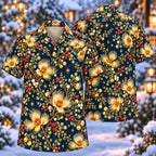 Digital mockup: front and back of one AlohaVero Christmas Golden Featherflower Navy Aloha No Pocket Hawaiian shirt
