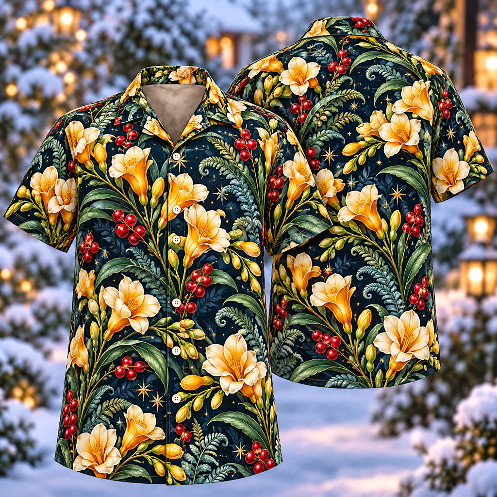 Digital mockup: front and back of one AlohaVero Christmas Golden Freesia Indigo Aloha No Pocket Hawaiian shirt