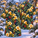 Digital mockup: front and back of one AlohaVero Christmas Golden Freesia Indigo Aloha No Pocket Hawaiian shirt