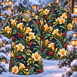 Christmas Golden Freesia Indigo Aloha Hawaiian Shirt