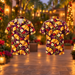 Christmas Golden Ginkgo Aubergine Aloha Hawaiian Shirt