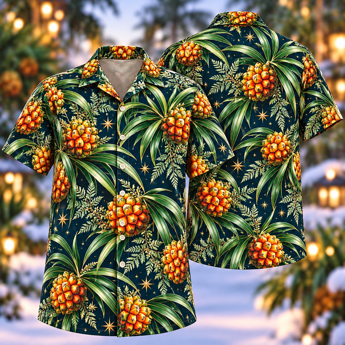 Digital mockup: front and back of one AlohaVero Christmas Golden Hala Fruit Navy Aloha No Pocket Hawaiian shirt