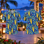 Digital mockup: front and back of one AlohaVero Christmas Golden Heliconia Palm Cobalt Aloha No Pocket Hawaiian shirt