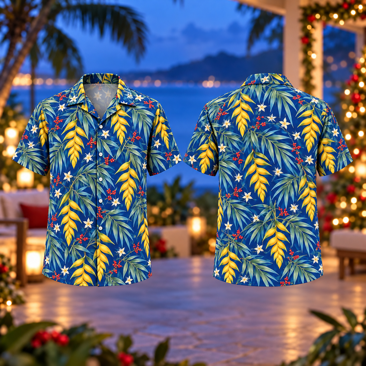 Digital mockup: front and back of one AlohaVero Christmas Golden Heliconia Palm Cobalt Aloha No Pocket Hawaiian shirt