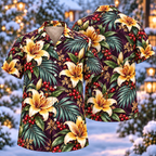 Digital mockup: front and back of one AlohaVero Christmas Golden Lily Aubergine Aloha No Pocket Hawaiian shirt