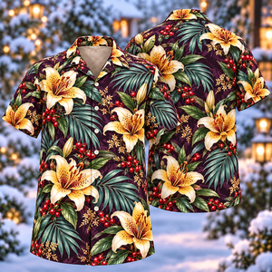 Christmas Golden Lily Aubergine Aloha Hawaiian Shirt