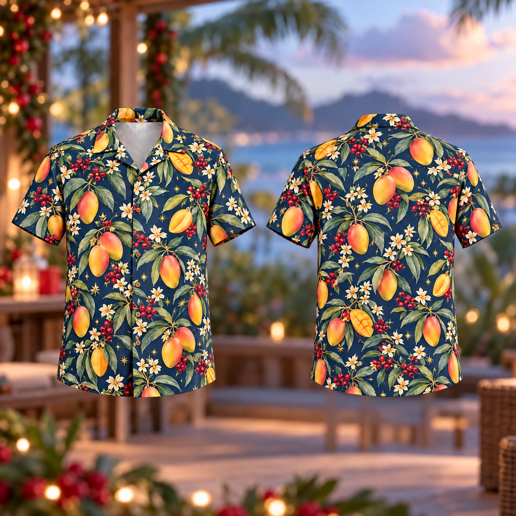 Digital mockup: front and back of one AlohaVero Christmas Golden Mango Ink Blue Aloha No Pocket Hawaiian shirt