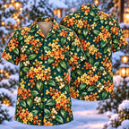 Digital mockup: front and back of one AlohaVero Christmas Golden Marmalade Blossom Teal Aloha No Pocket Hawaiian shirt