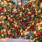 Digital mockup: front and back of one AlohaVero Christmas Golden Nutmeg Wine Aloha No Pocket Hawaiian shirt