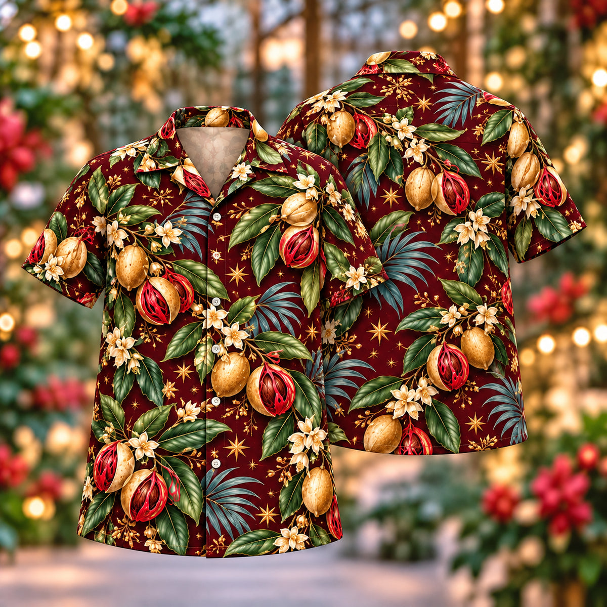 Digital mockup: front and back of one AlohaVero Christmas Golden Nutmeg Wine Aloha No Pocket Hawaiian shirt