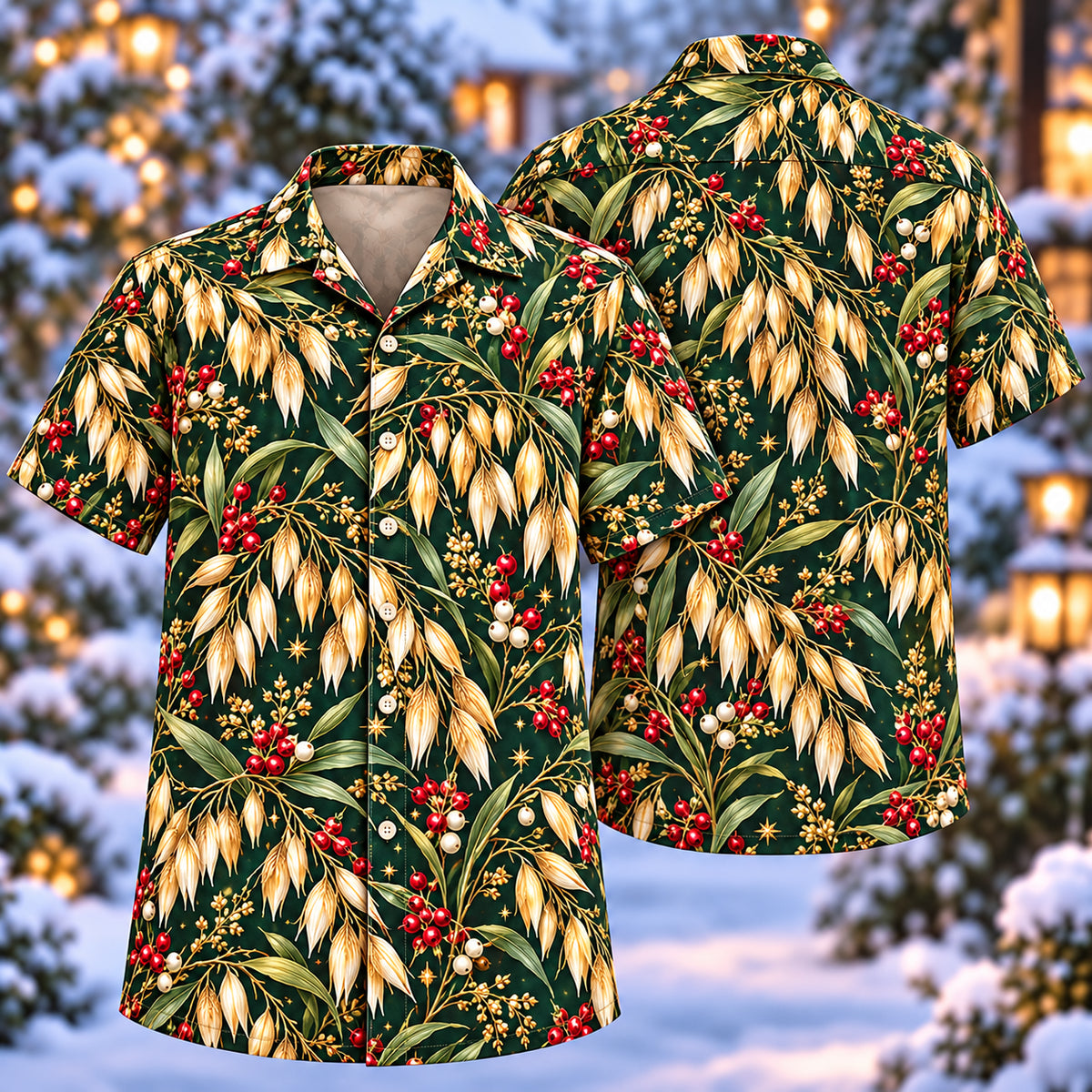 Digital mockup: front and back of one AlohaVero Christmas Golden Oat Panicle Forest Aloha No Pocket Hawaiian shirt