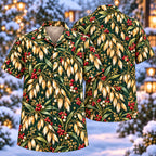 Digital mockup: front and back of one AlohaVero Christmas Golden Oat Panicle Forest Aloha No Pocket Hawaiian shirt