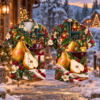 Digital mockup: front and back of one AlohaVero Christmas Golden Pear Welcome Table Print No Pocket Hawaiian shirt