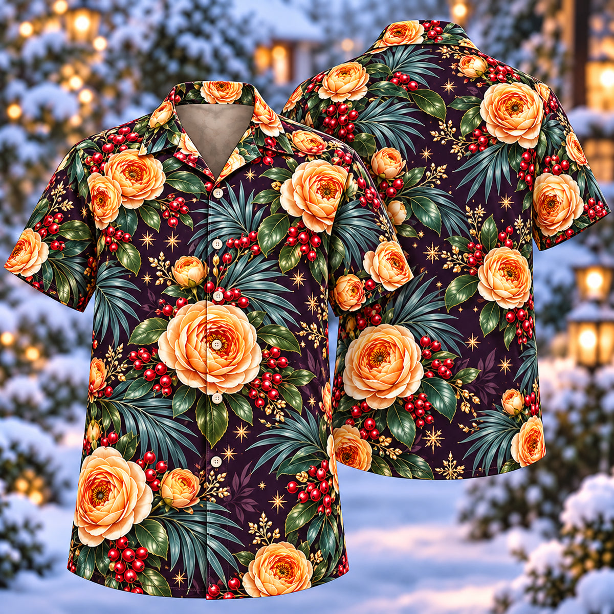 Digital mockup: front and back of one AlohaVero Christmas Golden Ranunculus Plum Aloha No Pocket Hawaiian shirt