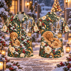 Digital mockup: front and back of one AlohaVero Christmas Golden Retriever Puppy Shelter Amber Emerald Ivory No Pocket Hawaiian shirt