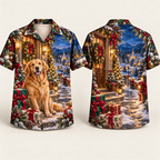 Digital mockup: front and back of one AlohaVero Christmas Golden Retriever Snowy Gift Porch No Pocket Hawaiian shirt