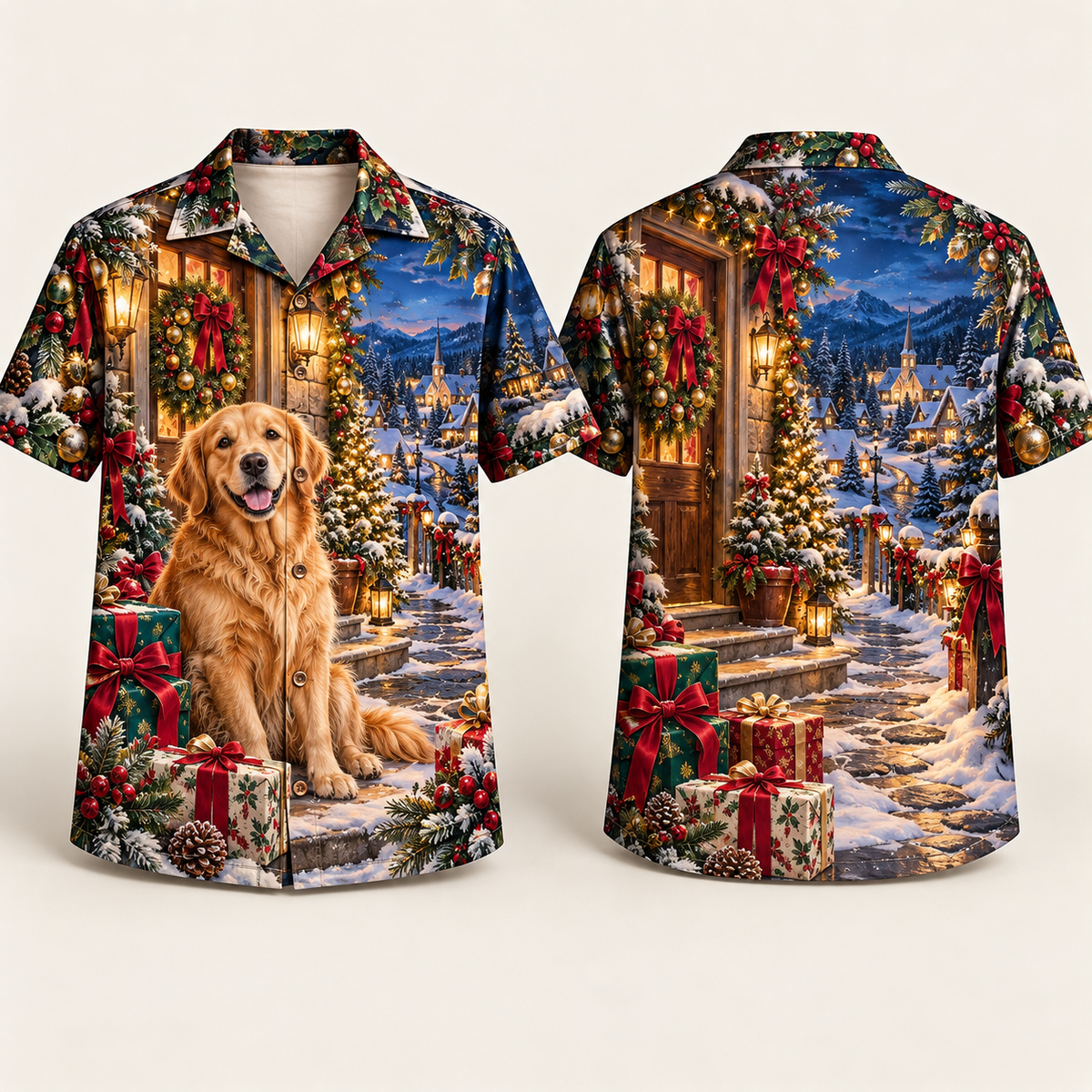 Digital mockup: front and back of one AlohaVero Christmas Golden Retriever Snowy Gift Porch No Pocket Hawaiian shirt