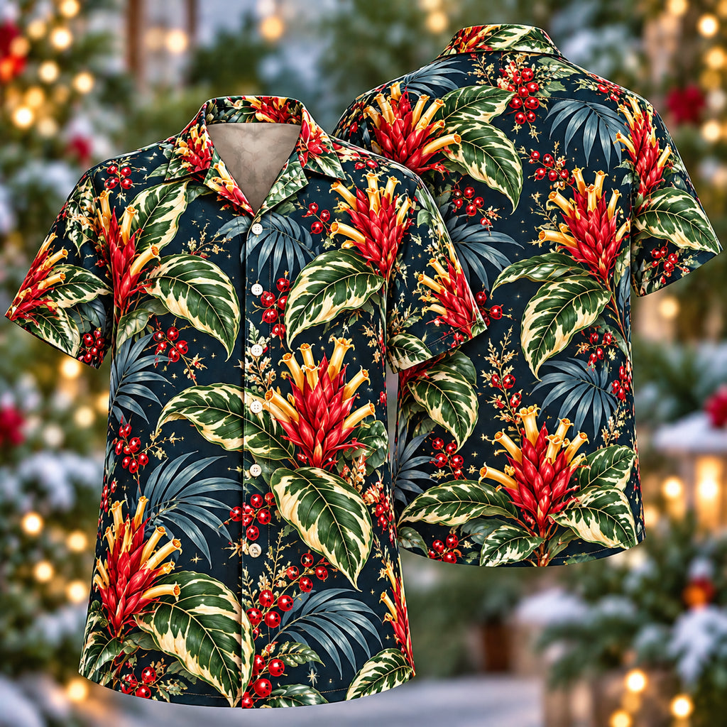 Digital mockup: front and back of one AlohaVero Christmas Golden Sanchezia Navy Aloha No Pocket Hawaiian shirt