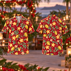 Digital mockup: front and back of one AlohaVero Christmas Golden Starfruit Garnet Aloha No Pocket Hawaiian shirt