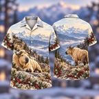 Digital mockup: front and back of one AlohaVero Christmas Golden Takin Alpine Dawn No Pocket Hawaiian shirt