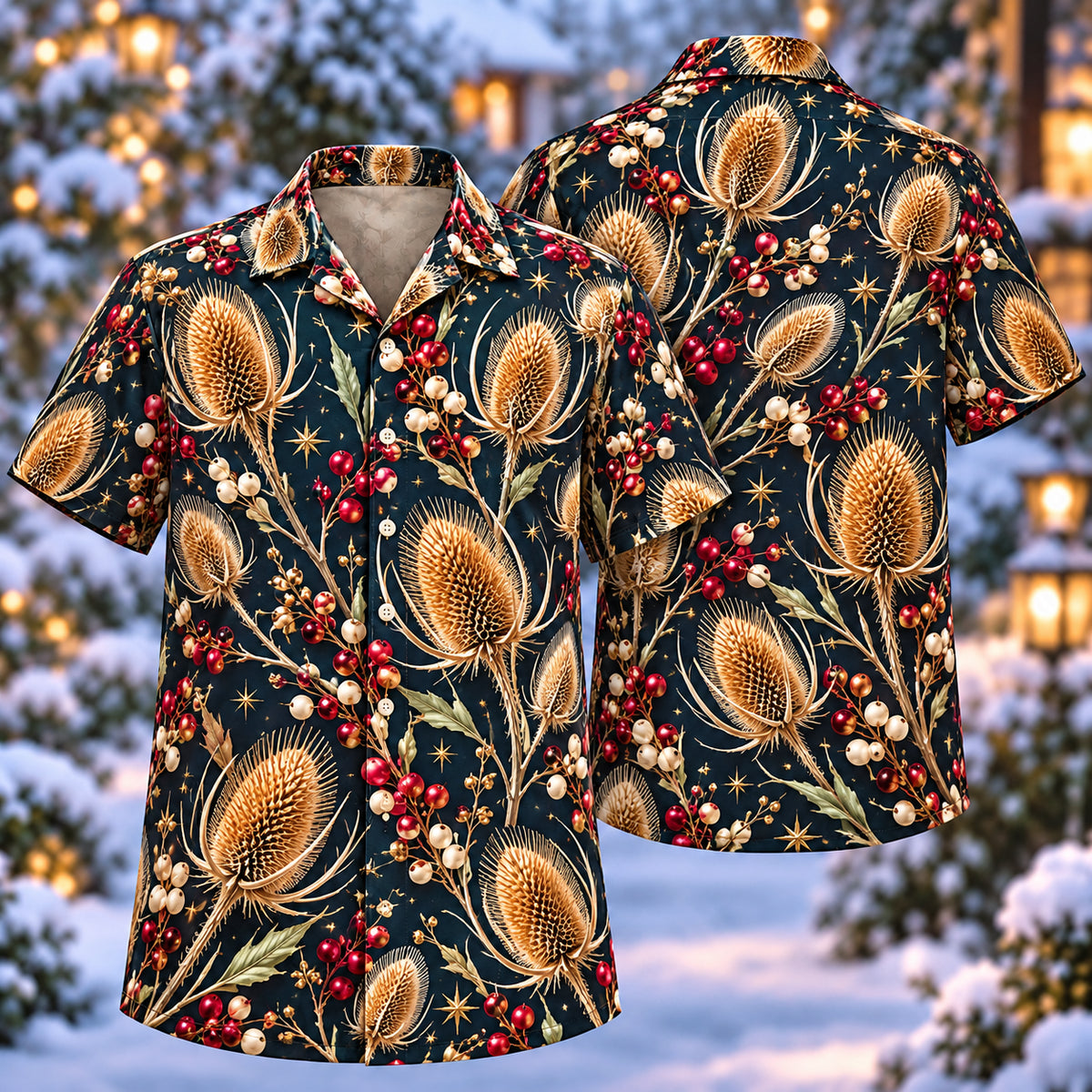 Digital mockup: front and back of one AlohaVero Christmas Golden Teasel Indigo Aloha No Pocket Hawaiian shirt