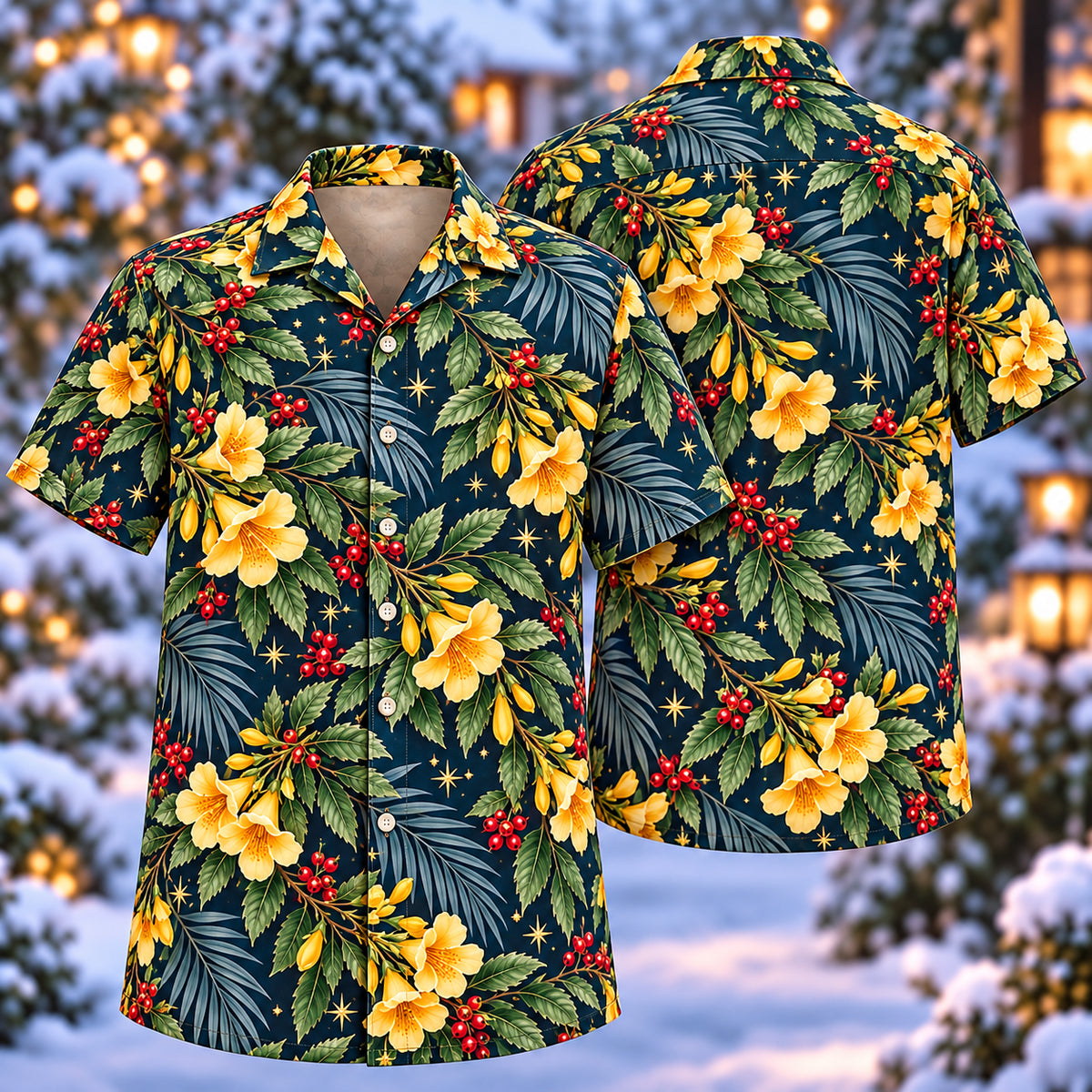 Digital mockup: front and back of one AlohaVero Christmas Golden Tecoma Indigo Aloha No Pocket Hawaiian shirt