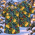 Digital mockup: front and back of one AlohaVero Christmas Golden Tecoma Indigo Aloha No Pocket Hawaiian shirt