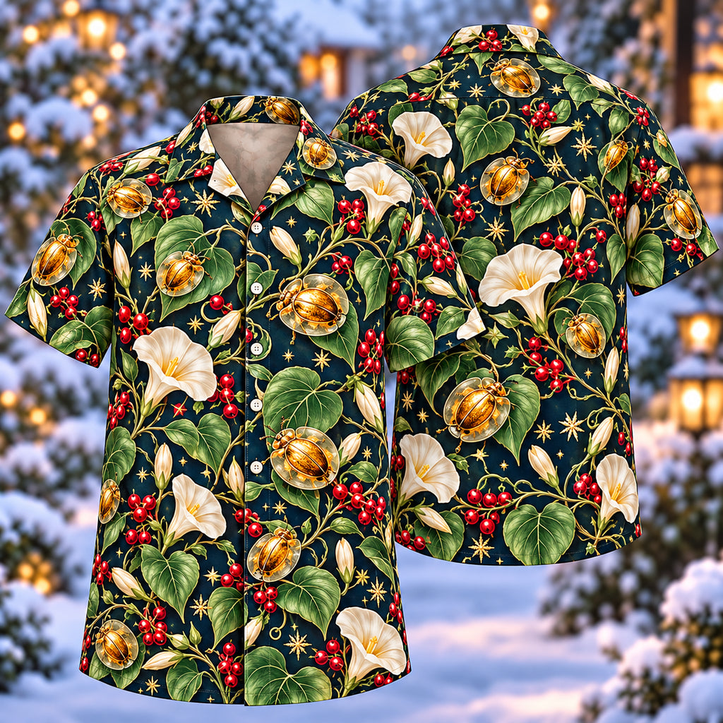 Digital mockup: front and back of one AlohaVero Christmas Golden Tortoise Beetle Morningglory Aloha No Pocket Hawaiian shirt