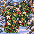 Digital mockup: front and back of one AlohaVero Christmas Golden Tortoise Beetle Morningglory Aloha No Pocket Hawaiian shirt