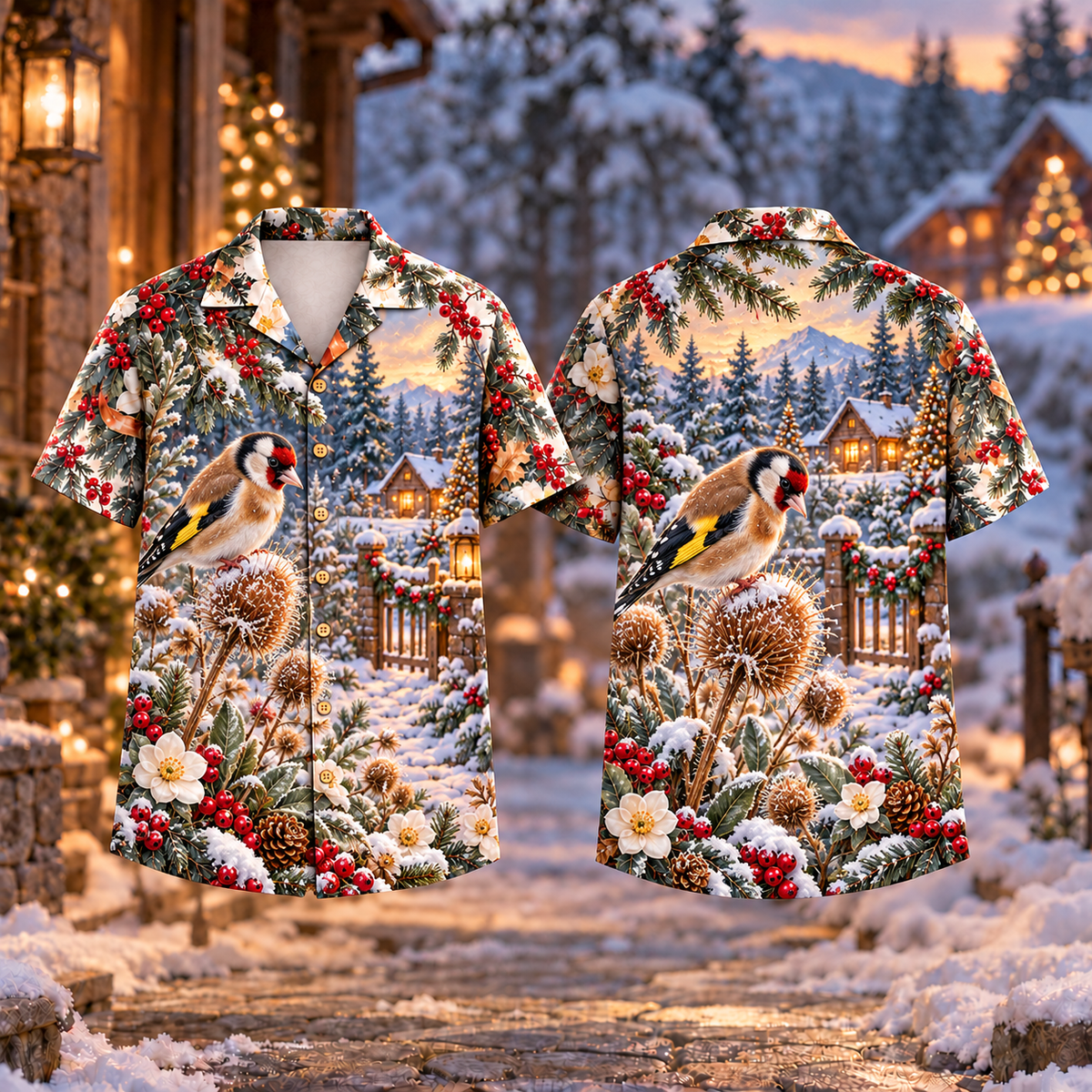 Digital mockup: front and back of one AlohaVero Christmas Goldfinch Frosted Seed Heads Gold Sage No Pocket Hawaiian shirt