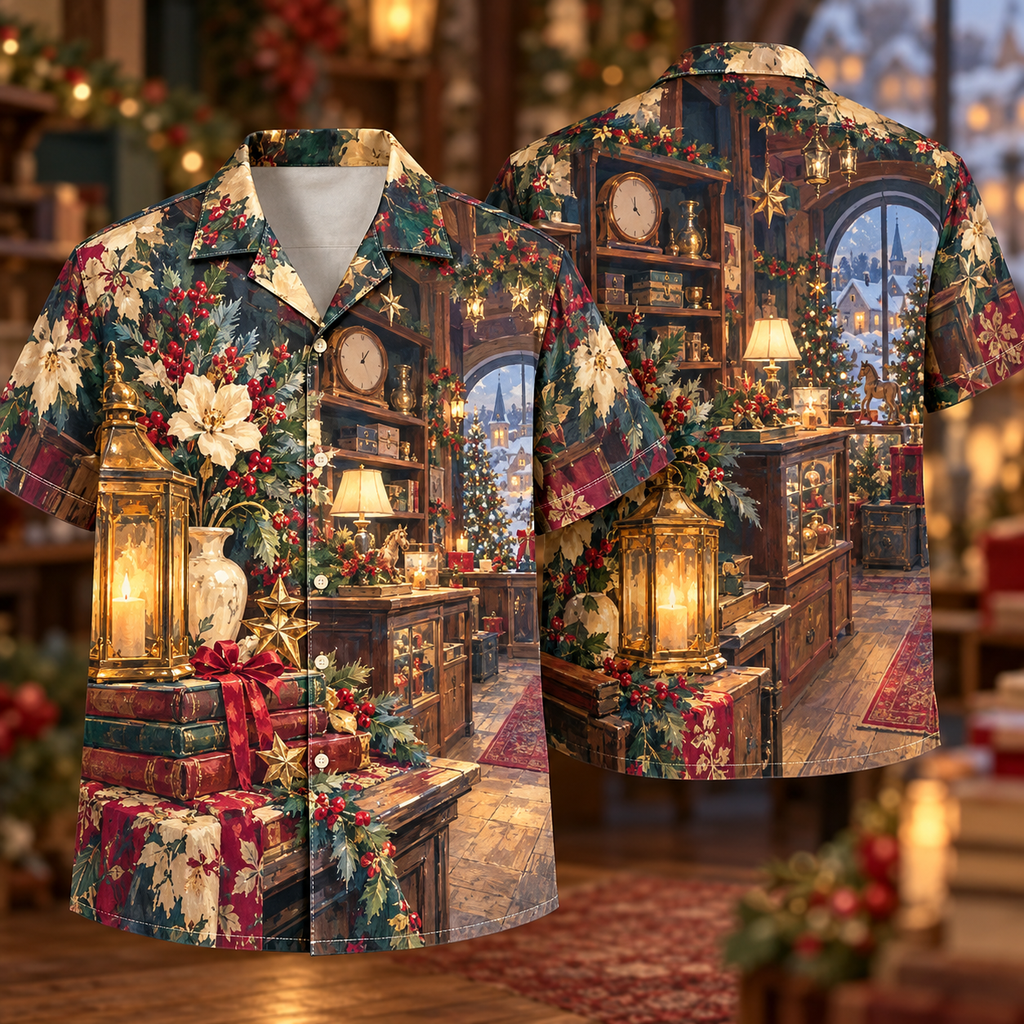Digital mockup: front and back of one AlohaVero Christmas Gouache Antique Shop Amber Burgundy Cream No Pocket Hawaiian shirt