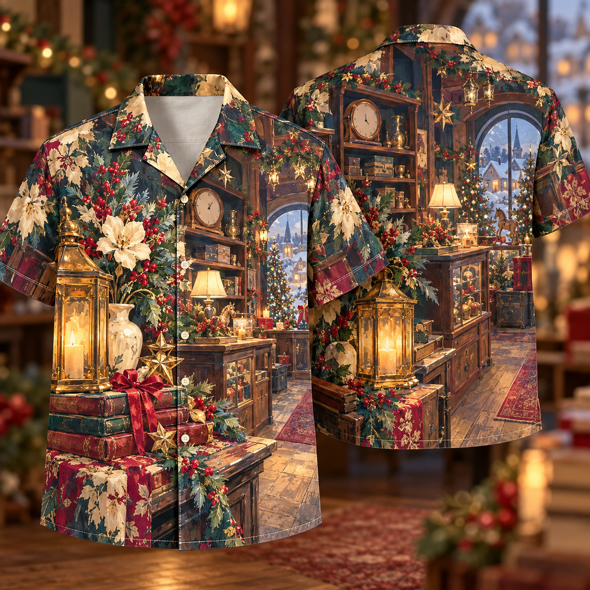 Digital mockup: front and back of one AlohaVero Christmas Gouache Antique Shop Amber Burgundy Cream No Pocket Hawaiian shirt