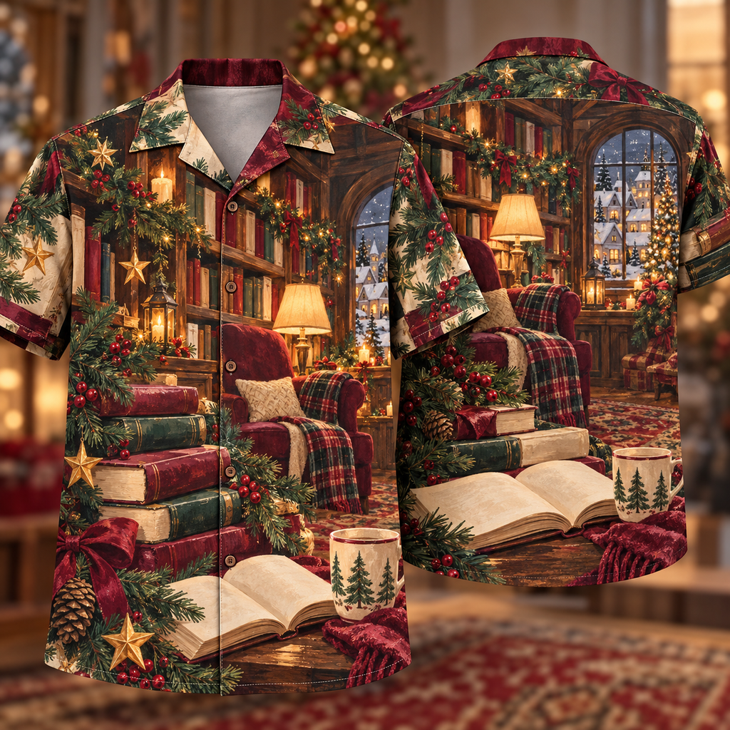 Digital mockup: front and back of one AlohaVero Christmas Gouache Bookshop Reading Nook Burgundy Pine Cream No Pocket Hawaiian shirt