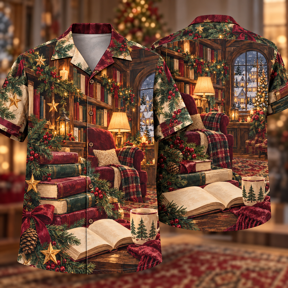 Digital mockup: front and back of one AlohaVero Christmas Gouache Bookshop Reading Nook Burgundy Pine Cream No Pocket Hawaiian shirt