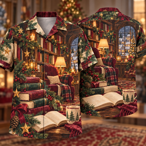 Christmas Gouache Bookshop Reading Nook Burgundy Pine Cream Hawaiian Shirt