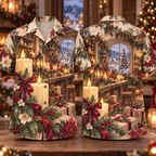 Digital mockup: front and back of one AlohaVero Christmas Gouache Candle Workshop Amber Burgundy Sage No Pocket Hawaiian shirt