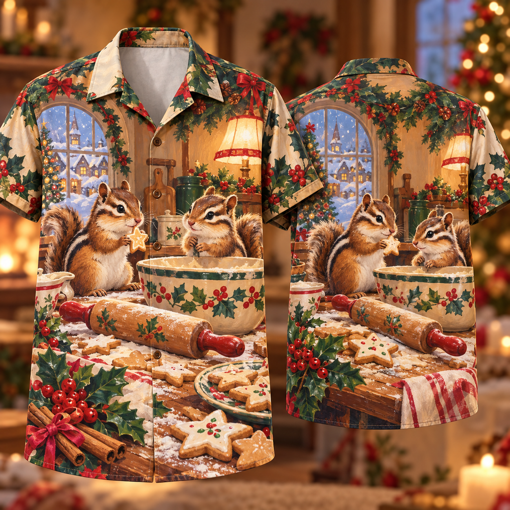 Digital mockup: front and back of one AlohaVero Christmas Gouache Chipmunk Baking Room Cinnamon Jade Cream No Pocket Hawaiian shirt