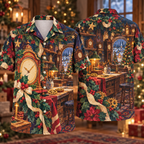 Digital mockup: front and back of one AlohaVero Christmas Gouache Clockmaker Workshop Amber Jade Cream No Pocket Hawaiian shirt