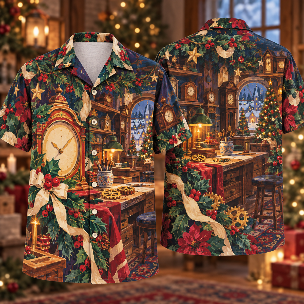 Digital mockup: front and back of one AlohaVero Christmas Gouache Clockmaker Workshop Amber Jade Cream No Pocket Hawaiian shirt