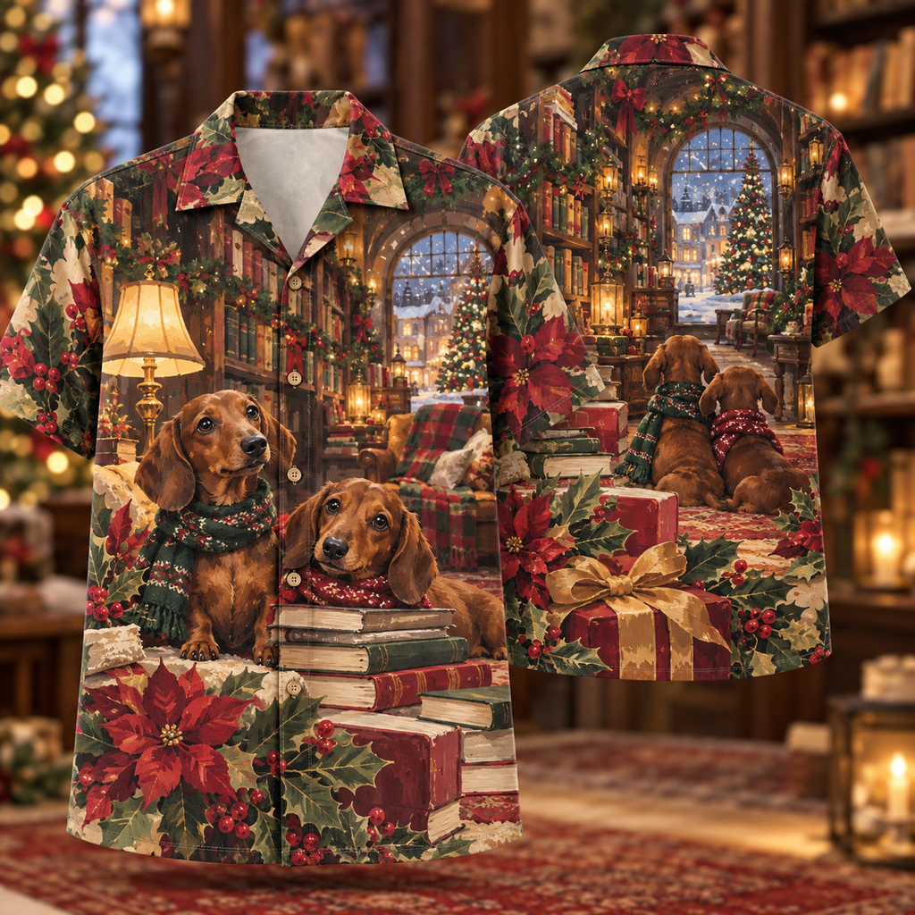Digital mockup: front and back of one AlohaVero Christmas Gouache Dachshund Bookshop Burgundy Sage Ochre No Pocket Hawaiian shirt
