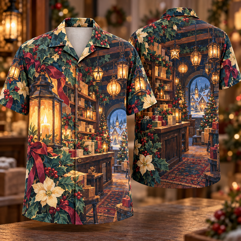 Digital mockup: front and back of one AlohaVero Christmas Gouache Lantern Shop Amber Teal Cream No Pocket Hawaiian shirt