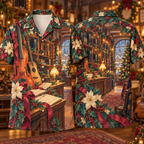 Digital mockup: front and back of one AlohaVero Christmas Gouache Music Shop Burgundy Teal Cream No Pocket Hawaiian shirt