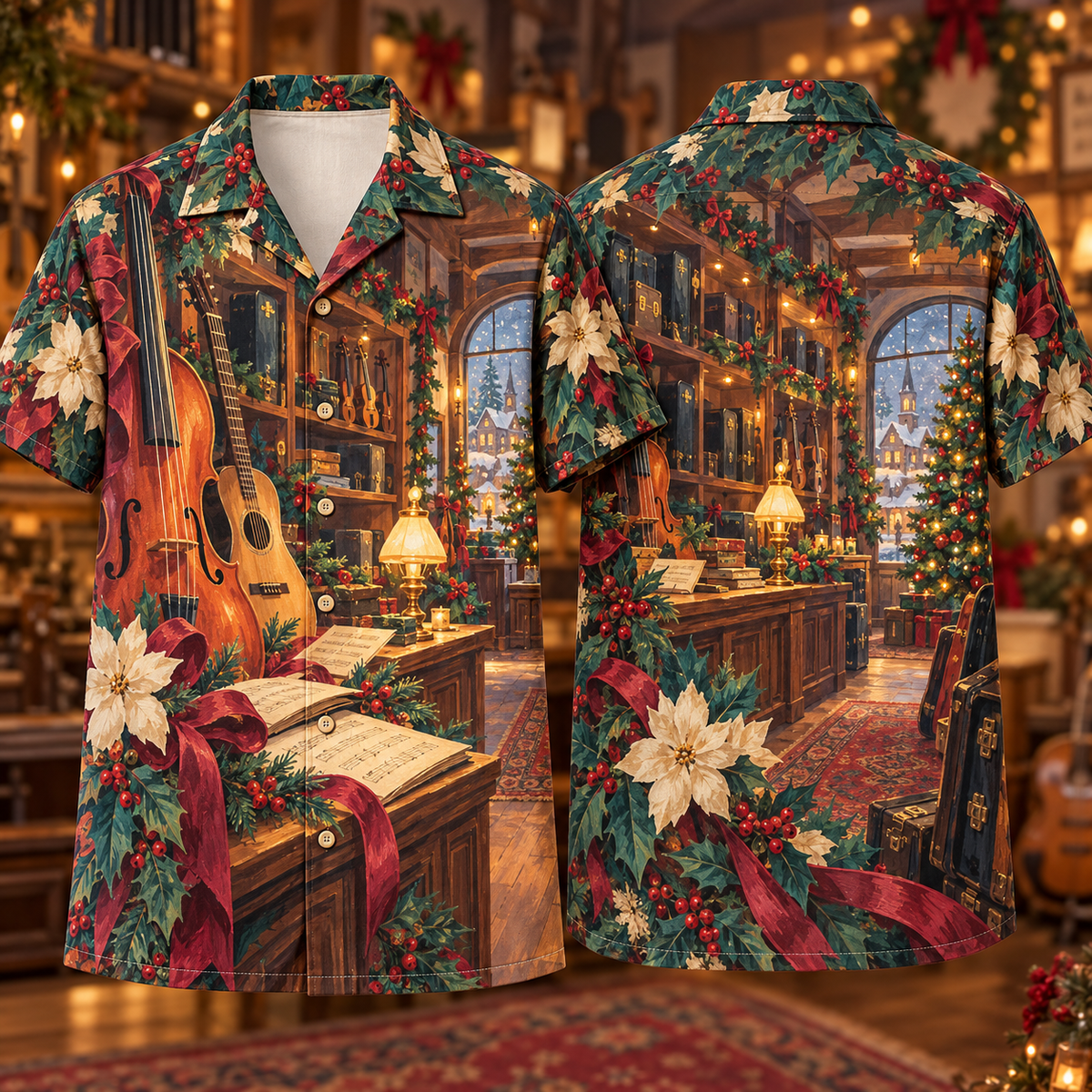 Digital mockup: front and back of one AlohaVero Christmas Gouache Music Shop Burgundy Teal Cream No Pocket Hawaiian shirt