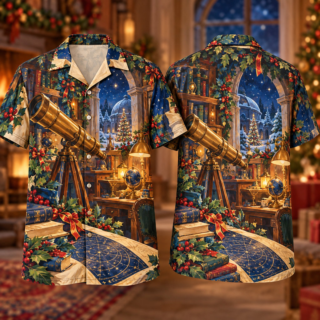 Digital mockup: front and back of one AlohaVero Christmas Gouache Observatory Study Sapphire Amber Cream No Pocket Hawaiian shirt
