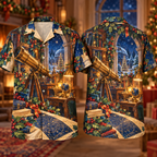 Digital mockup: front and back of one AlohaVero Christmas Gouache Observatory Study Sapphire Amber Cream No Pocket Hawaiian shirt