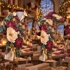 Digital mockup: front and back of one AlohaVero Christmas Gouache Paper Flower Workshop Plum Jade Cream No Pocket Hawaiian shirt