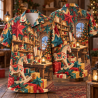 Digital mockup: front and back of one AlohaVero Christmas Gouache Paper Toy Workshop Ruby Teal Cream No Pocket Hawaiian shirt